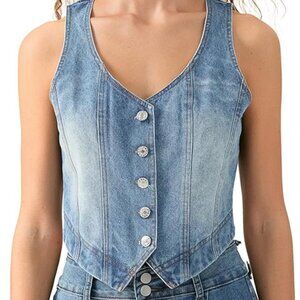NEW! Denim Blue Jean Sleeveless Crop Vest with Five Button Closure - Size Medium